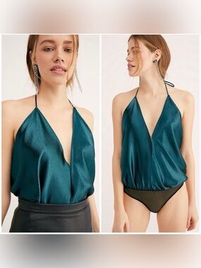 Free People Satin Green Halter Backless Bodysuit- NWT